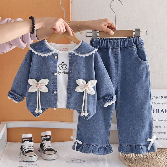 Girls' Outfit and Autumn 2026 New Fashionable Casual Denim Three-Piece Set Children Stylish Spring Clothes for Babies