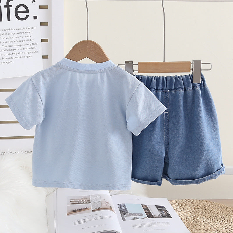 Girls' Summer Short-Sleeve Outfit 2026 New Fashionable Cartoon Cat Round-Neck Two-Piece Set for Children