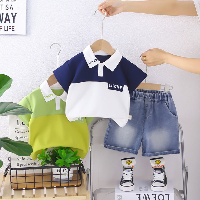 Boys' Summer Outfit: Stylish Color-Block Embroidered Collar Short-Sleeve Clothes, 2026 New Fashionable Baby Children's Two-Piece Set
