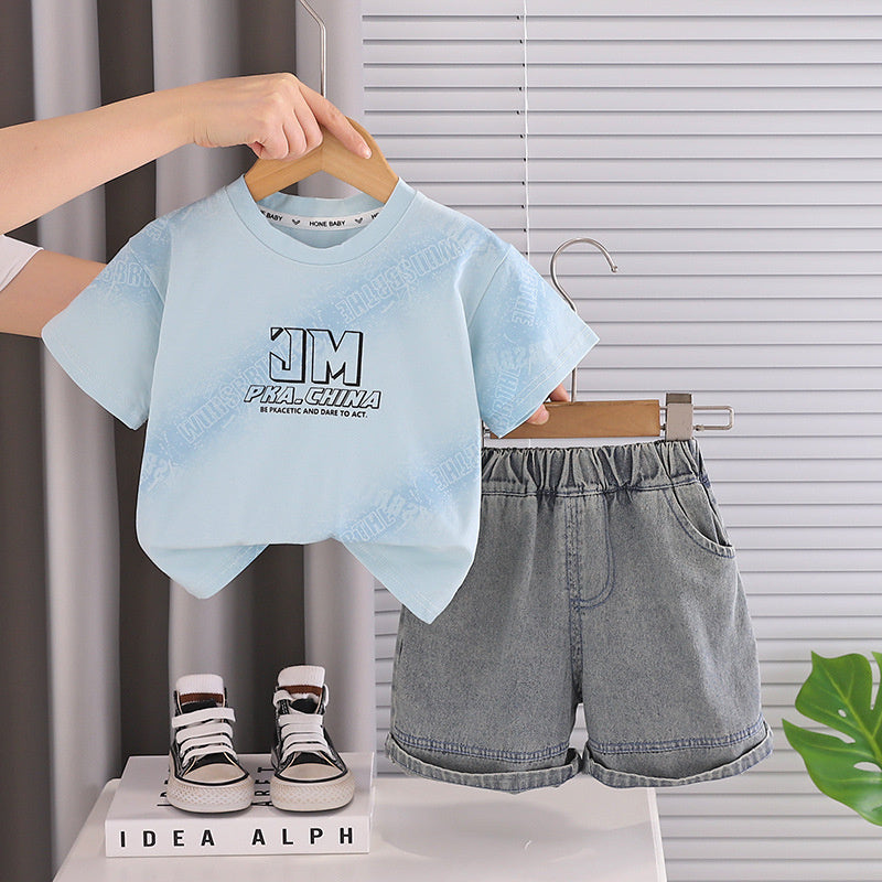 Boys' summer outfit 2026 new stylish baby letter print round neck short sleeve handsome infant two-piece set trendy