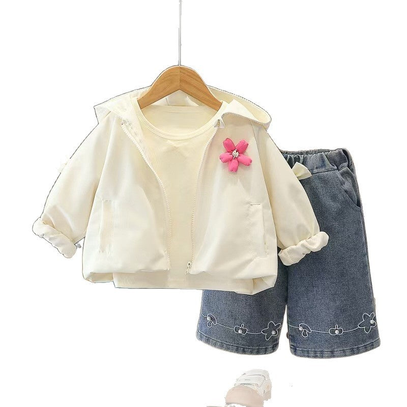 Girls' Outfit 2026 New Fashionable Floral Trench Coat Long Sleeve Three-Piece Set for Children Spring and Autumn Clothing