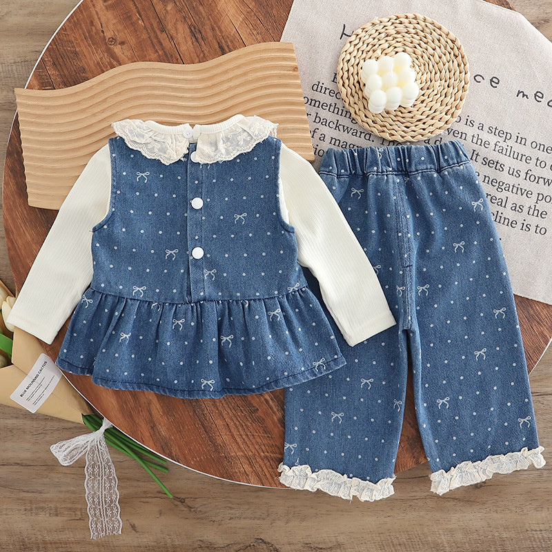 Girls' Stylish Outfit Lace Collar Denim Vest Three-Piece Set Baby Spring and Autumn Style Infant Children 2025 New Model