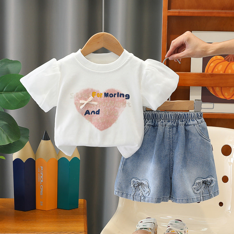 Girls' Heart-Shaped Short Sleeve Set 2026 New Fashionable Baby Girl Clothes Casual Children's Summer Outfit