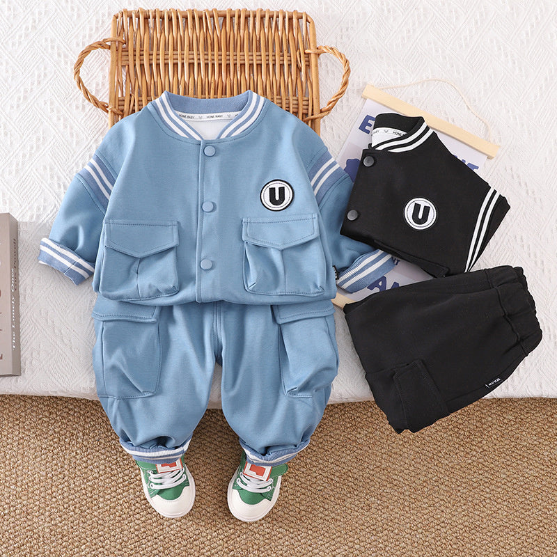 Boys' Spring and Set 2025 New Children's Stylish Letter Baseball Jacket Two-Piece Baby Autumn Casual
