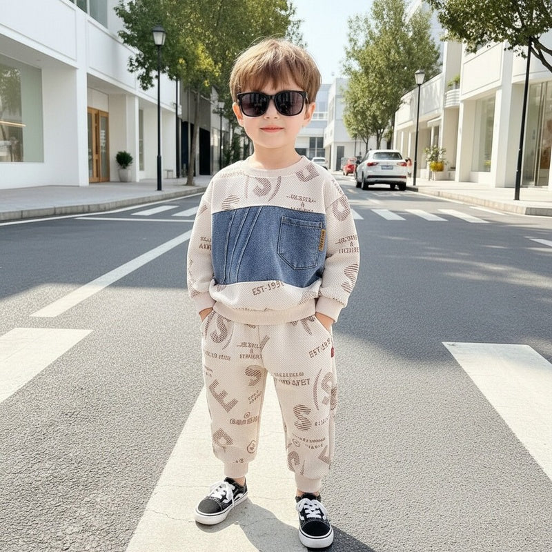 Baby Jacquard Letter Denim Patchwork Sweatshirt 2026 New Model Boys' Spring and Autumn Outfit Set Two-Piece Children's Clothing
