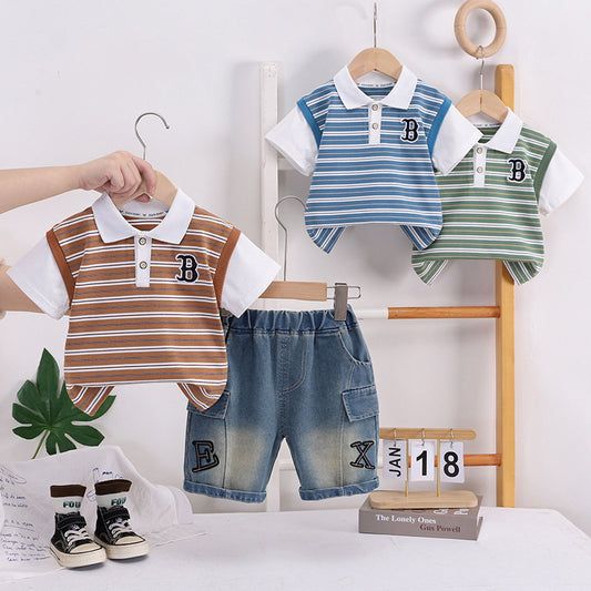 Children's Summer Outfit 2026 New Style Boys' Stylish Thin Striped Short-Sleeve Shirt Casual Two-Piece Set for Toddlers