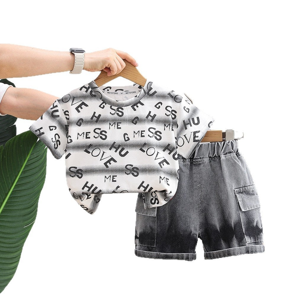Boys' Summer Outfit 2026 New Fashionable Infant Toddler Casual Tie-Dye Short Sleeve Denim Shorts Two-Piece Set
