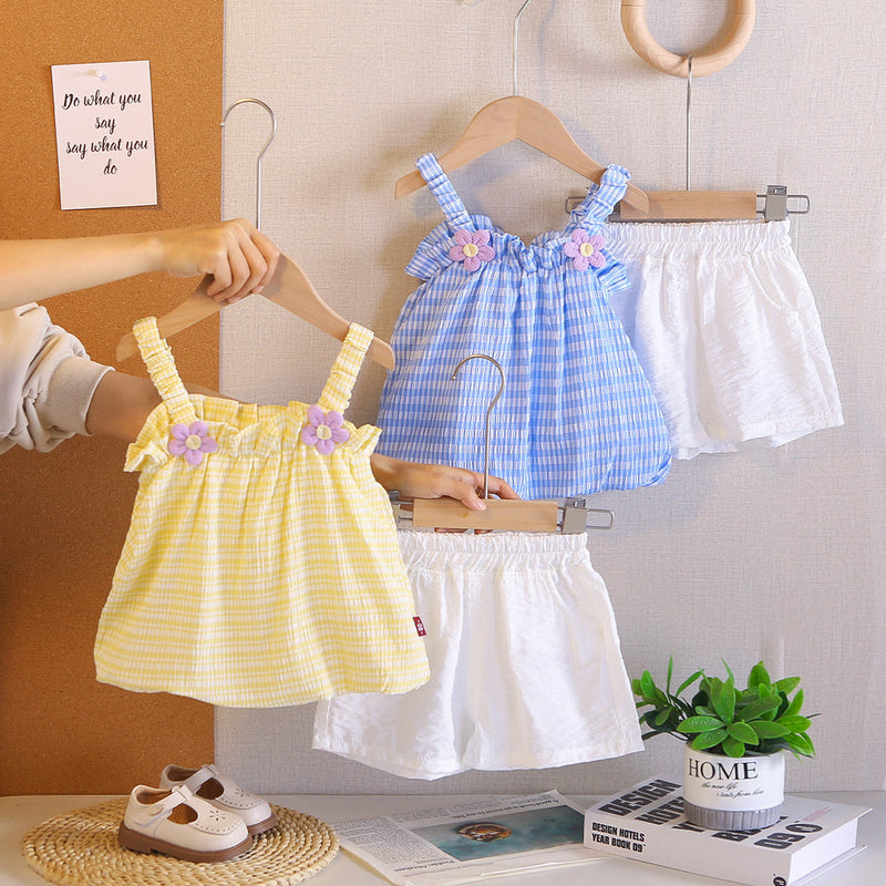 Girls' Outfit 2026 New Fashionable Floral Plaid Strap Dress Set Baby Summer Clothes Infant Korean Style
