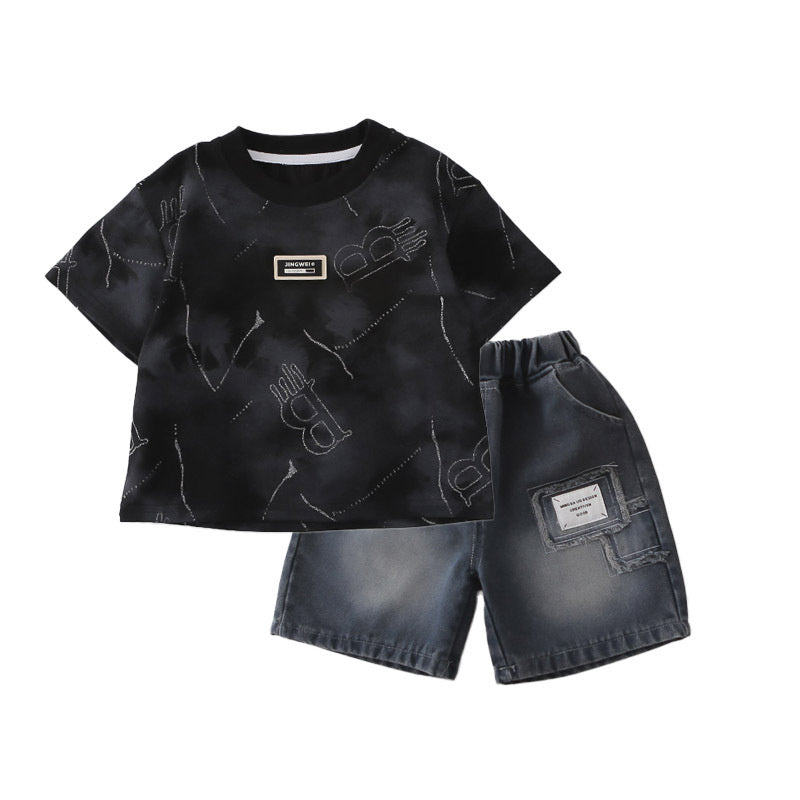 Boys' Outfit 2026 New Stylish Children's Summer Short Sleeve Baby Printed Diamond Sports Two-Piece Set Trendy Kids' Clothing
