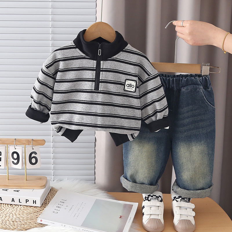 Boys' Spring Outfit 2026 New Loose-Fit Autumn Children's Long-Sleeve Half-Zip Sweatshirt Two-Piece Trendy Set