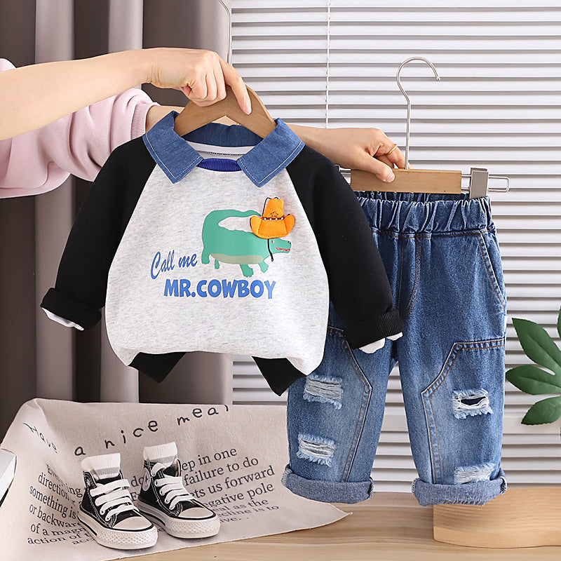 Boys' Outfit 2026 New Style Infant Children's Spring and Autumn Denim Collar Crocodile Sweatshirt Two-Piece Set for Handsome Boys