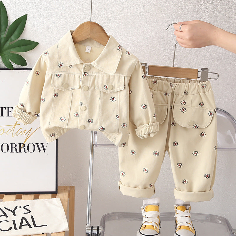2026 New Fashionable Spring Outfit 1-3-6 Years Old, Full Floral Print Long Sleeve Two-Piece Set for Baby Girls