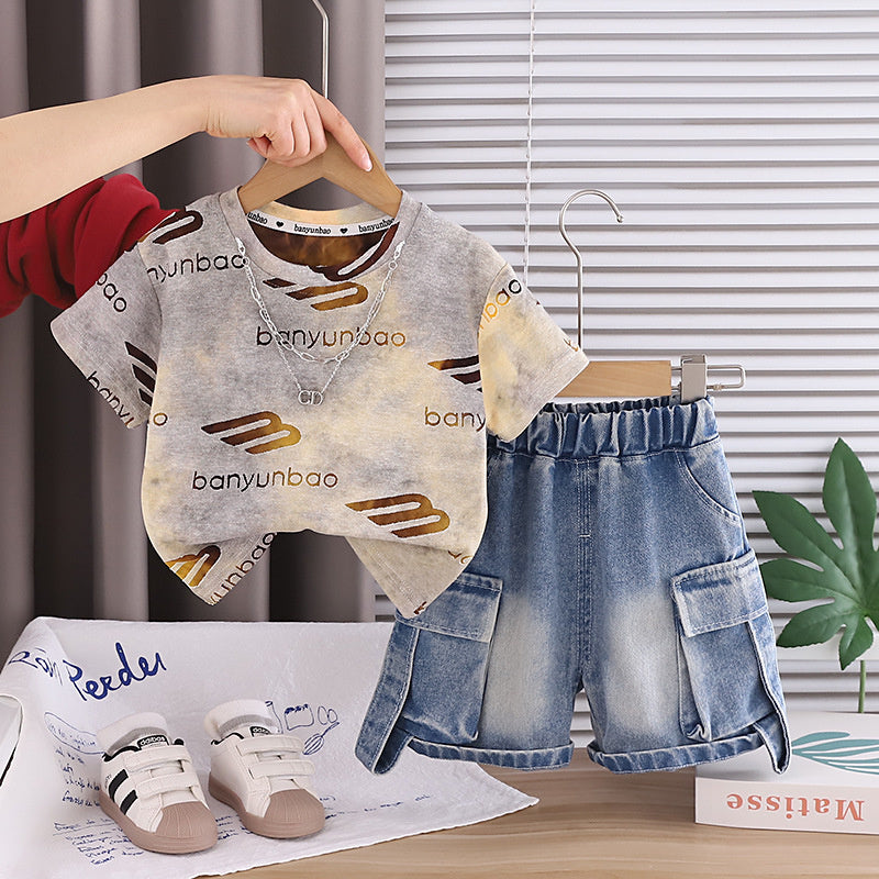 Baby Boy Outfit 2026 New Children's Clothing Boys' Summer Short-Sleeve Letter Print Two-Piece Set Trendy