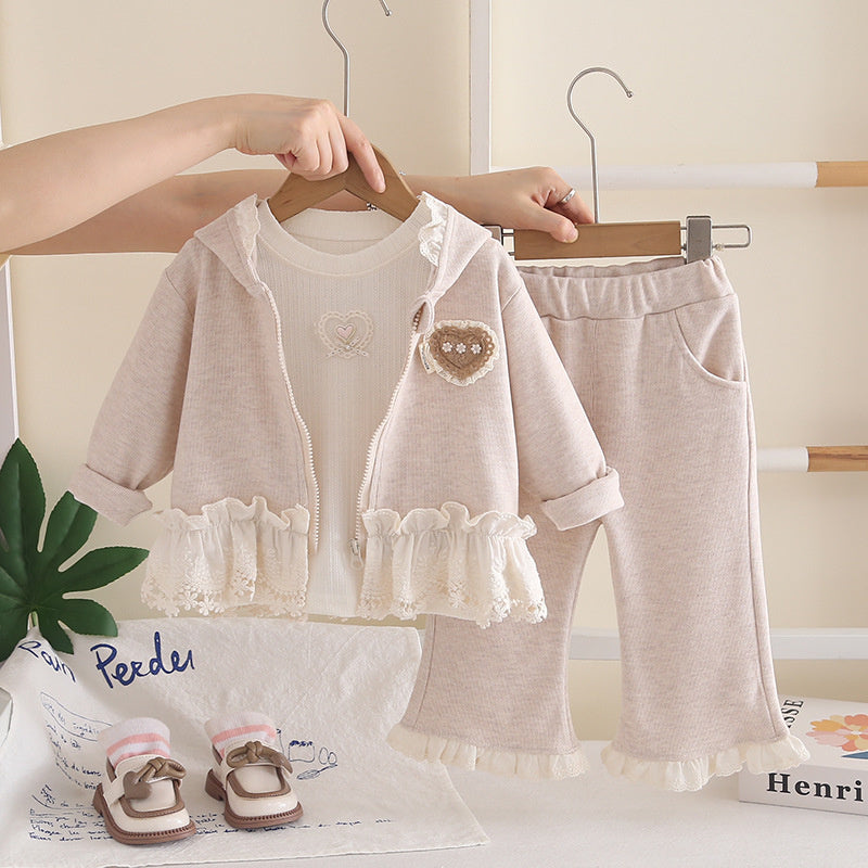 Girls' Outfit 2026 New Fashionable Baby Lace Collar Hooded Jacket Children's Clothing Spring and Autumn Three-Piece Set
