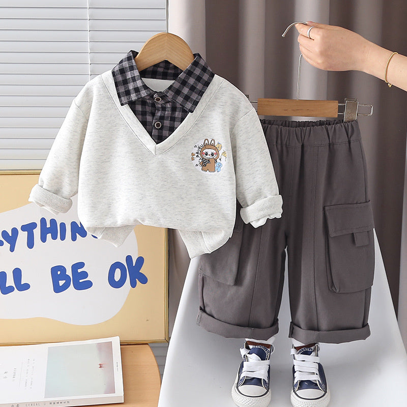 Outfit 2026 New Children's Sweatshirt Boys' Spring and Autumn Sporty Stylish Plaid Fake Three-Piece Set Trendy