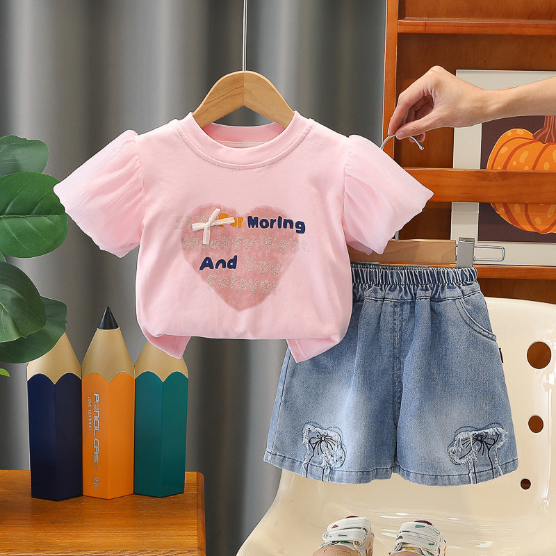 Girls' Heart-Shaped Short Sleeve Set 2026 New Fashionable Baby Girl Clothes Casual Children's Summer Outfit