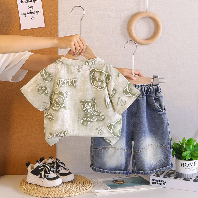 Boys' Outfit Children's Clothing 2026 New Summer Style Full Bear Head Print Round Neck Short Sleeve Two-Piece Set Trendy