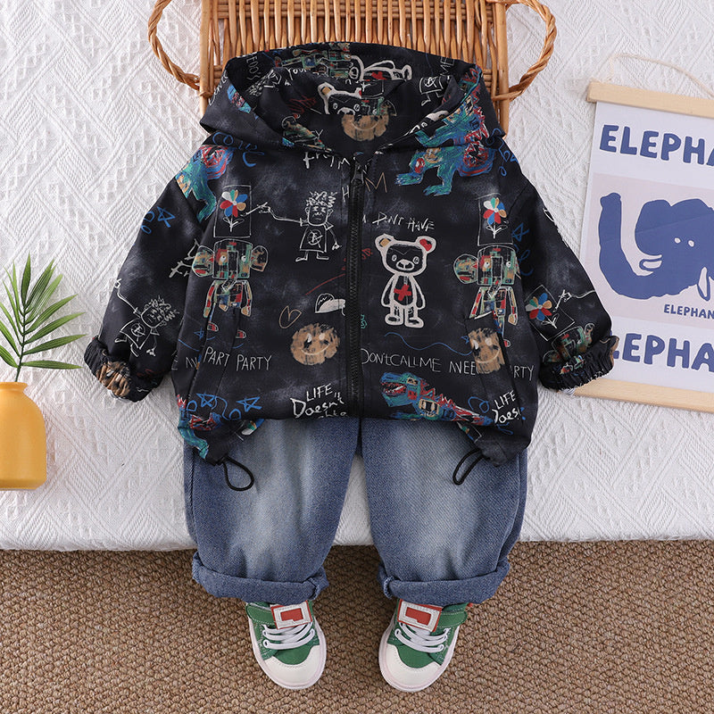 Children's clothing outfit new style baby boys' spring and autumn stylish graffiti bear jacket two-piece set