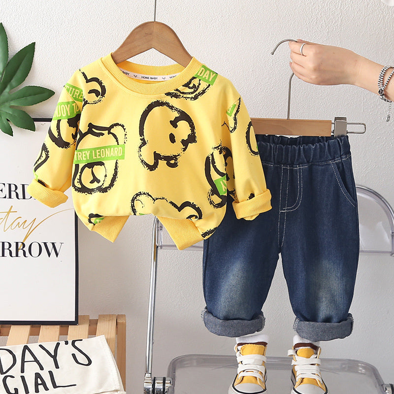 Baby outfit, full-print bear head sweatshirt two-piece set for 3-6-12 months old boys, spring and autumn cartoon clothing