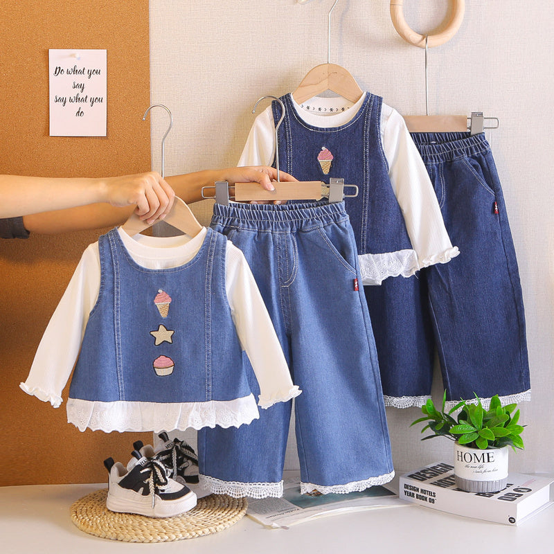 Girls' 2026 New Style Children's Baby Girl Cartoon Embroidered Denim Three-Piece Set Stylish Spring and Autumn Outfit for Little Girls