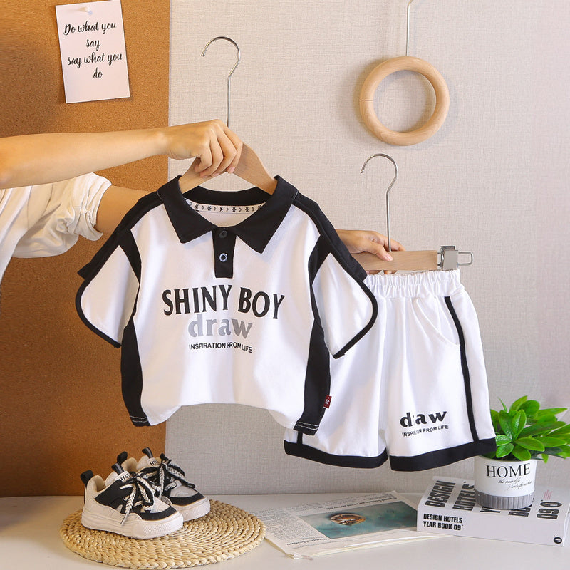 Baby 2026 Black and White Color Block Short Sleeve Korean Style Shorts Infant Boy Summer Clothes Two-Piece Set