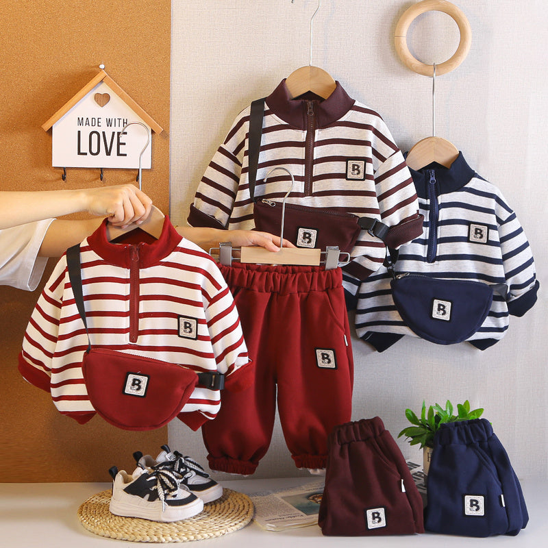 Boys' Outfit 2026 New Fashionable Children's Spring and Autumn Long-Sleeve Striped Two-Piece Set with Sling Bag for Stylish Little Boys