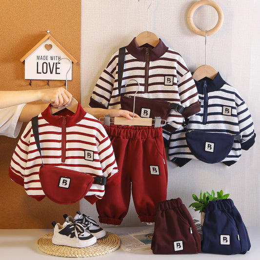 Boys' Outfit 2026 New Fashionable Children's Spring and Autumn Long-Sleeve Striped Two-Piece Set with Sling Bag for Stylish Little Boys