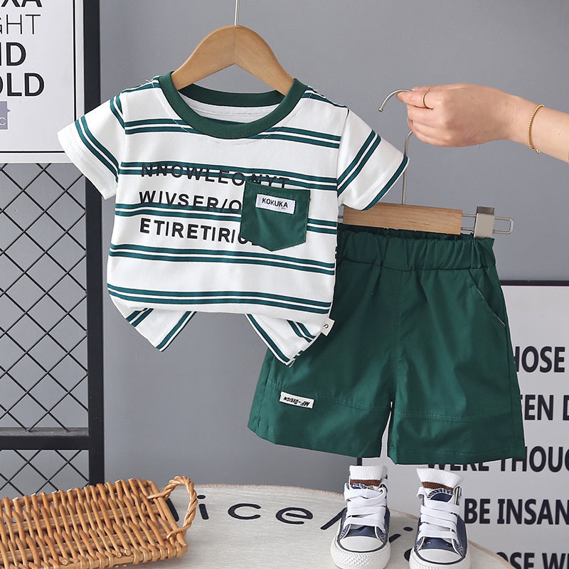 Boys' Short-Sleeve Two-Piece Set 2026 New Baby Summer Casual Clothes Trendy Striped English T-Shirt Outfit