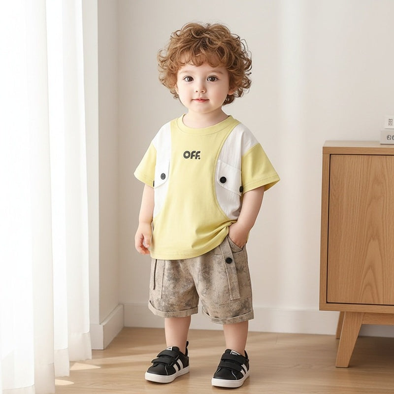Boys' Outfit 2026 New Fashionable Baby Two-Piece Set with Double-Button Faux Pockets and Short Sleeves, Children's Summer Clothing