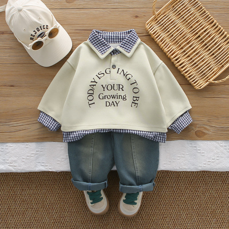 Baby Boy Spring Outfit, Boys' Plaid English Collar Two-Piece Set, Infant and Toddler Clothing, 2026 New Model