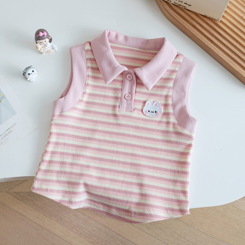 Kindergarten Baby Summer Korean Striped Vest T+ Pleated Cute Pink Shorts Girls Polo Shirt Set