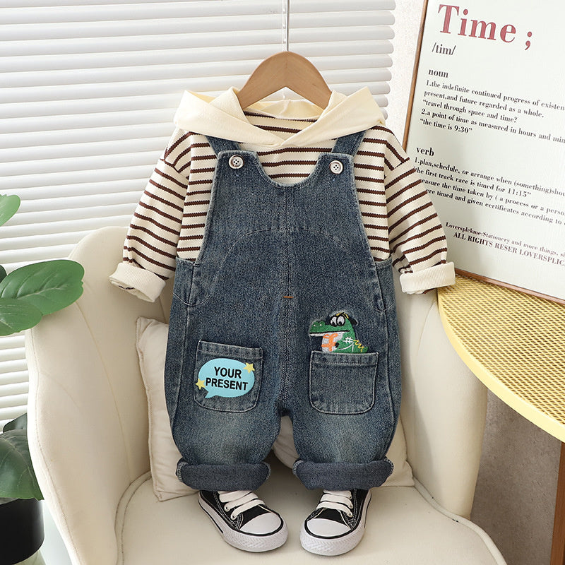 Boys' Spring and Striped Dinosaur Overalls Set 2023 New Baby Children's Clothing Toddler Autumn Fashionable