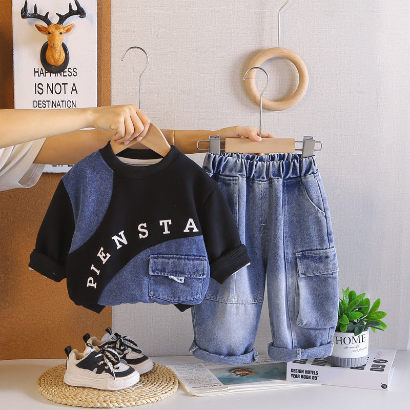 Baby Boy Outfit 2026 New Fashionable Spring and Autumn Clothes for Boys Two-Piece Set with Denim Letter Sweatshirt
