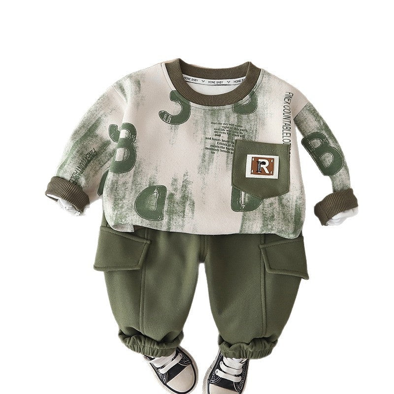 Boys' Spring and Autumn 2026 Casual Outfit, New Style for Boys Aged 1-5, Long-Sleeve Full-Print Letter Sweatshirt Two-Piece Set