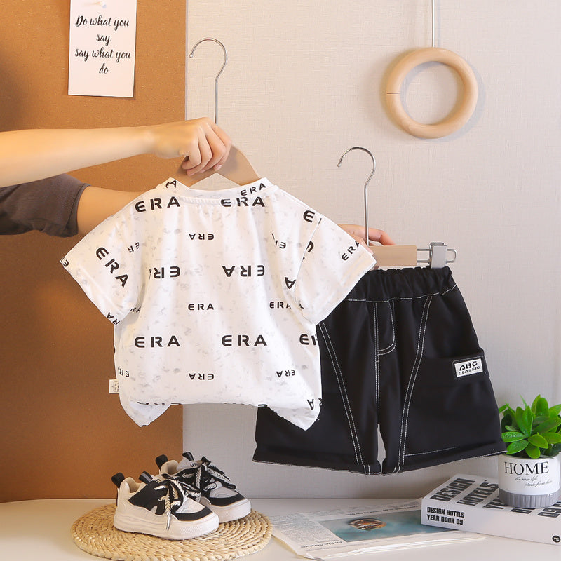 Boys' Summer Short-Sleeve Outfit 2026 New Fashionable Two-Piece Set for Children, Baby Clothes with Full Letter Print, Trendy