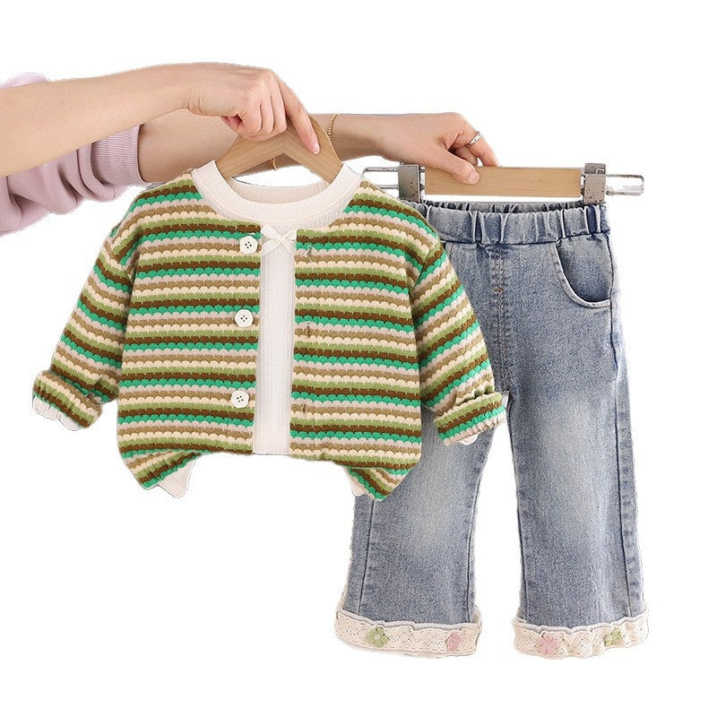 Girls' and Autumn 2, Children's Clothing, Stylish Girls, Striped Sweater Three-Piece Set, Spring Outfit for 1-Year-Old Baby Girls