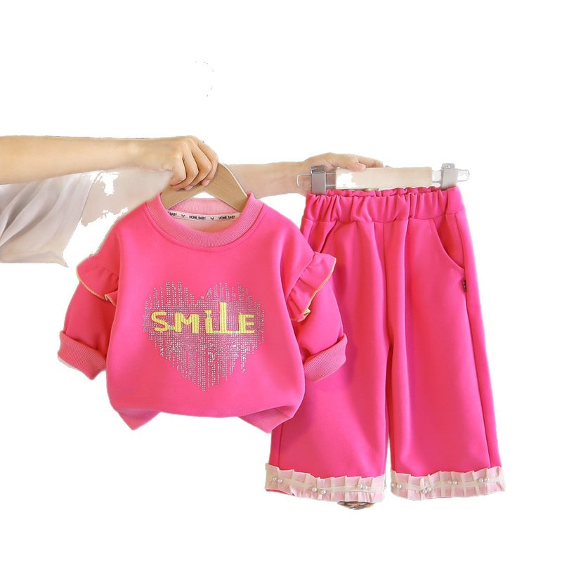 Girls' Outfit Baby 2026 New Style Infant Children's Spring and Autumn Rhinestone Letter Long Sleeve Sweatshirt Two-Piece Set Trendy
