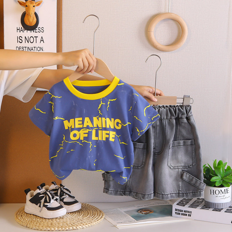 Boys' Outfit 2026 New Style Children's Summer Yellow Collar English Short Sleeve Two-Piece Set for Stylish Little Boys