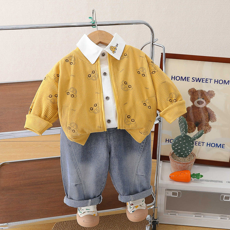 Boys' Outfit 2026 New Trendy Baby Spring and Autumn Stylish Car Jacket Three-Piece Set Infant Children's Clothing