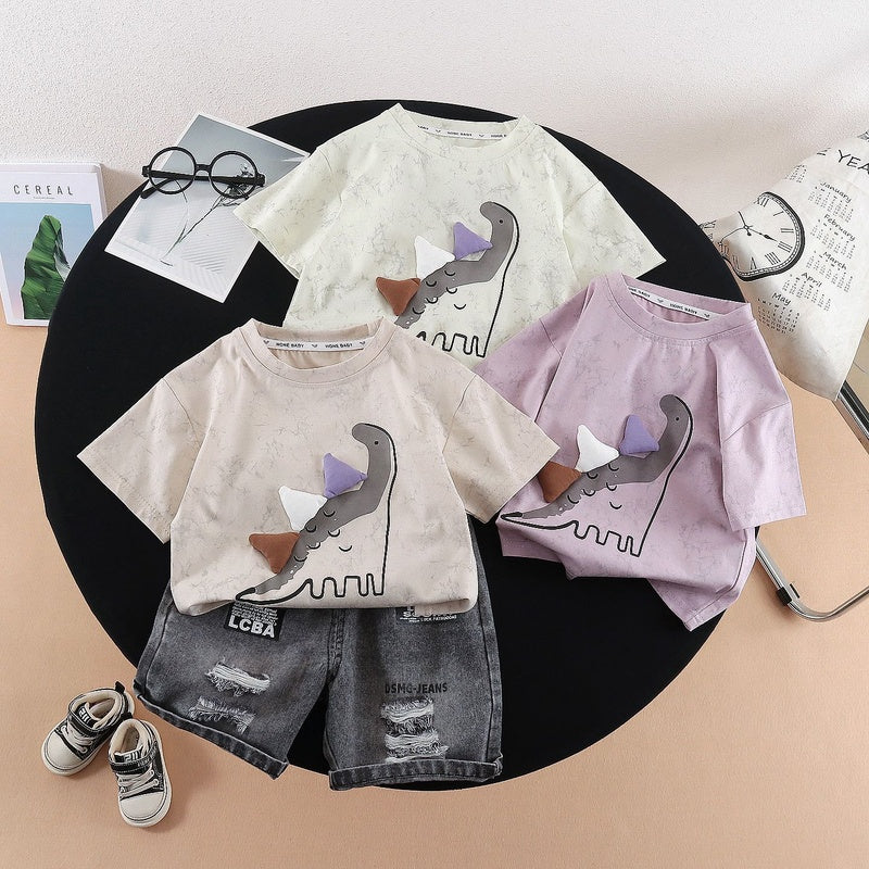 Boys' 2026 Summer Outfit New Fashionable Baby Children's Triangular Dinosaur Short Sleeve Cartoon Two-Piece Set Trendy