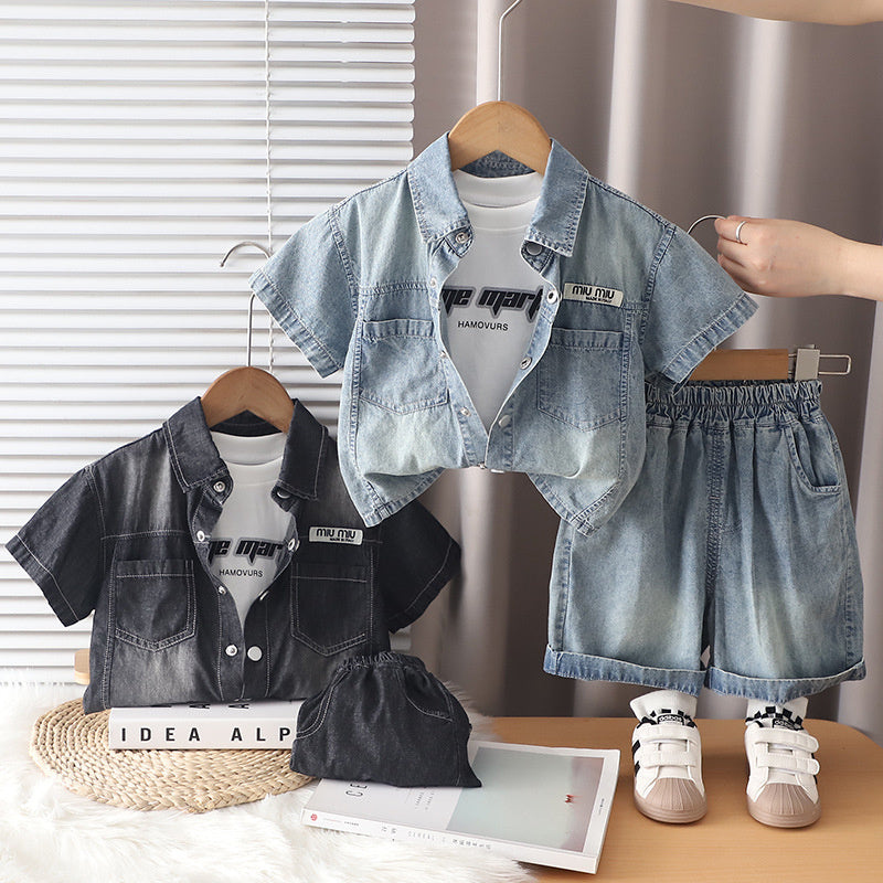 Boys' outfit baby summer 2026 denim short-sleeve three-piece set, new stylish letter-printed children's clothing