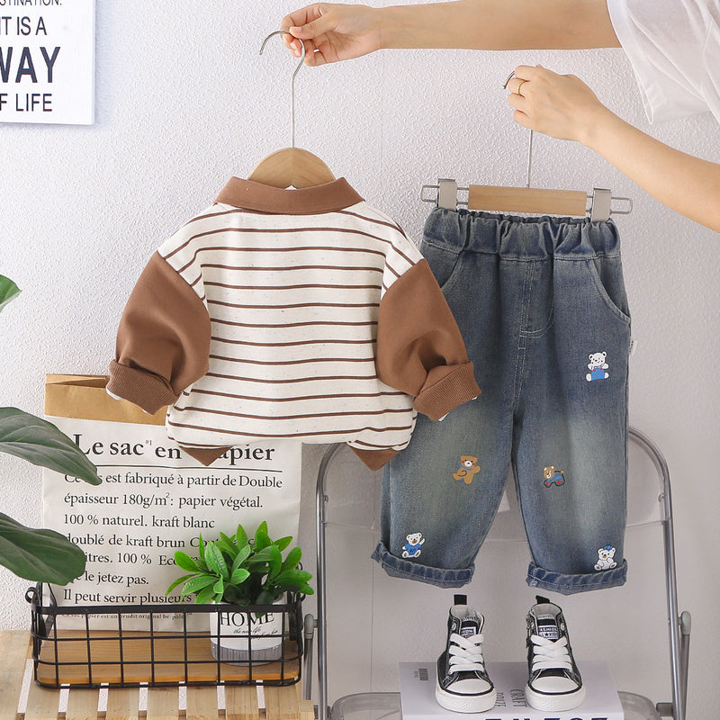 Korean-style baby autumn outfit 2026 new model boys' striped bear sweatshirt infant children's clothing two-piece set