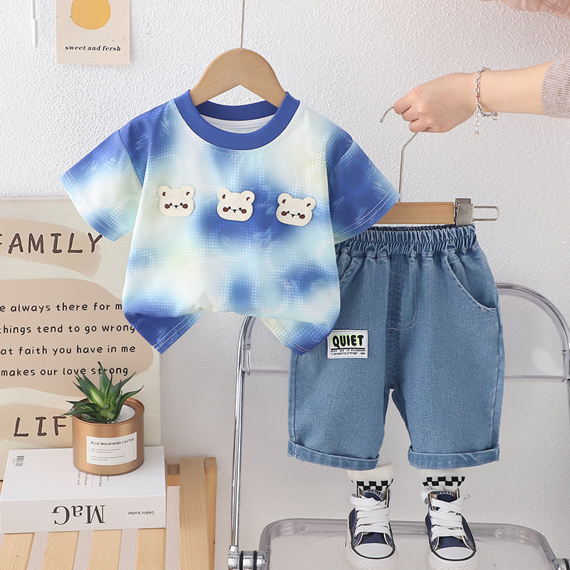 Baby Outfit: Infant Three Little Bears Short Sleeve Two-Piece Set, Boys' Summer Clothing, New 2025 Model for Infants and Toddlers, Dropshipping Available