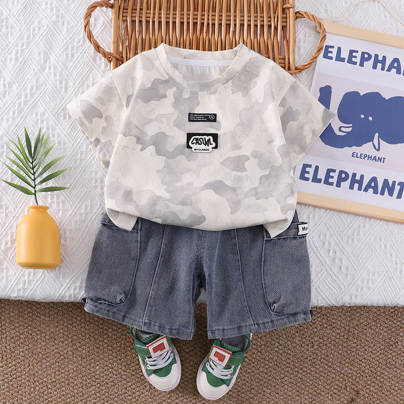 Outfit 2026 New Style Toddler Baby Summer Clothes Boys' Children's Camouflage Short Sleeve Two-Piece Set Trendy