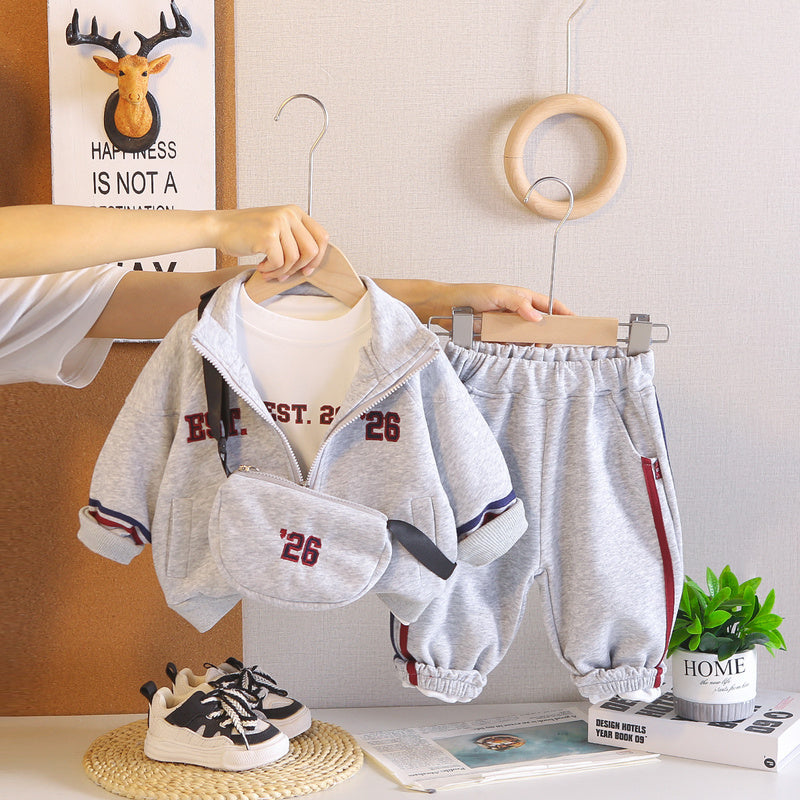 Boys' Spring and Autumn 2026 New Fashionable Baby Fall Outfit Long Sleeve Digital Print Crossbody Bag Three-Piece Set Infant Children's Clothing