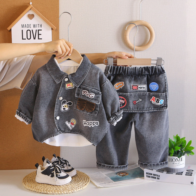 Boys' Spring and Outfit 2026 New Children's Autumn Cartoon Letter Denim Three-Piece Set for Boys