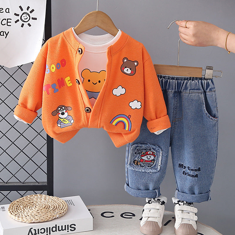 Boys' Outfit 2026 New Fashionable Bear Cardigan Three-Piece Set for Baby Boys Spring and Autumn Infant Children's Clothing