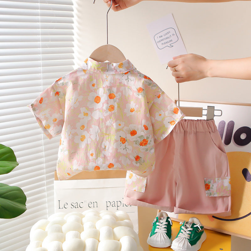 Boys' Summer Outfit 2026 New Style 1-2-3 Years Old, Stylish Floral Tie Shirt Short Sleeve Two-Piece Set for Children