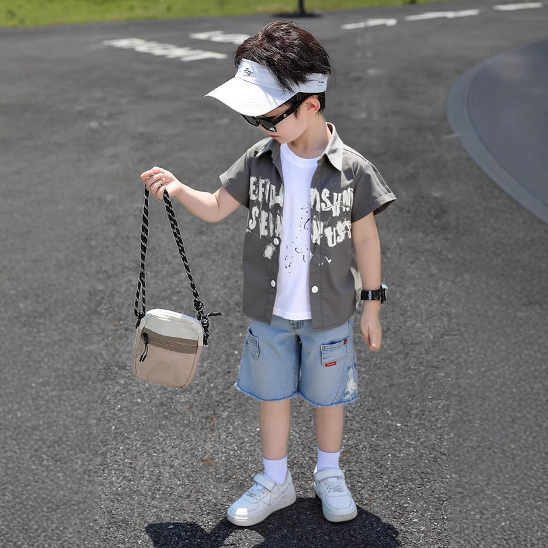 Boys' 2026 New Stylish Children's Short-Sleeve English Shirt Three-Piece Set Baby Summer Fashion