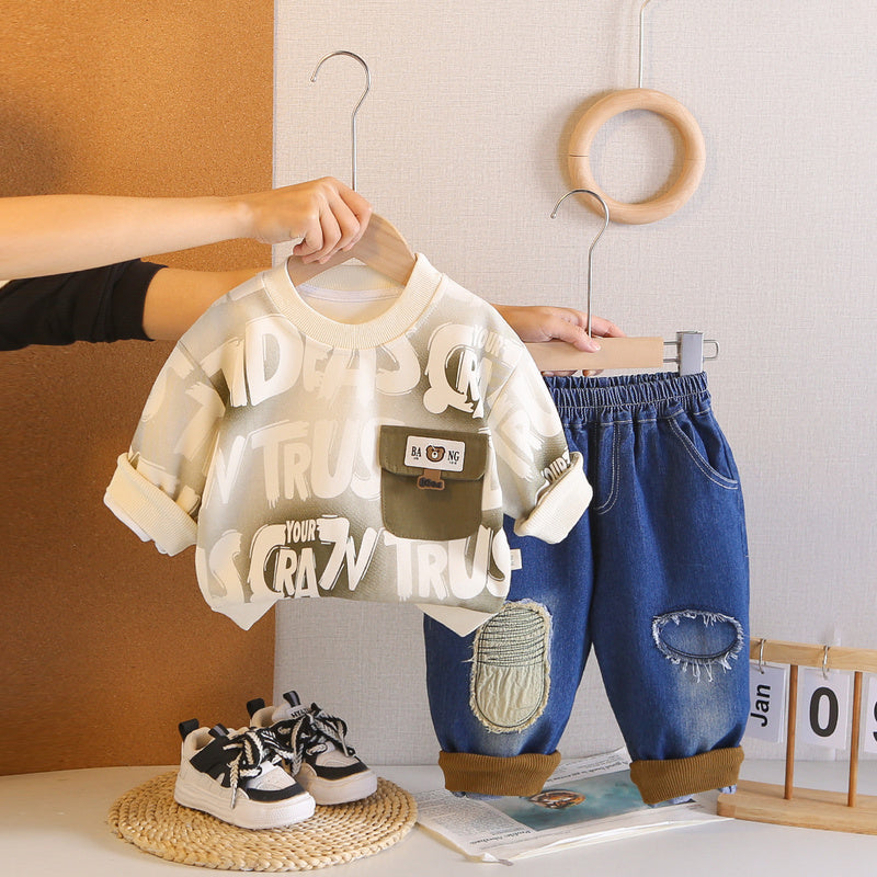 Boys' Outfit 2026 New Children's Spring and Autumn Long-Sleeve Round-Neck Pocket Bear Sweatshirt Two-Piece Set for Toddlers